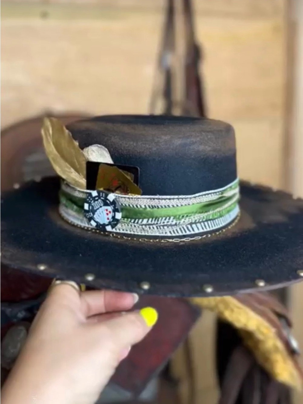 Black Felt Western Hat with Green Trim and Poker Accent